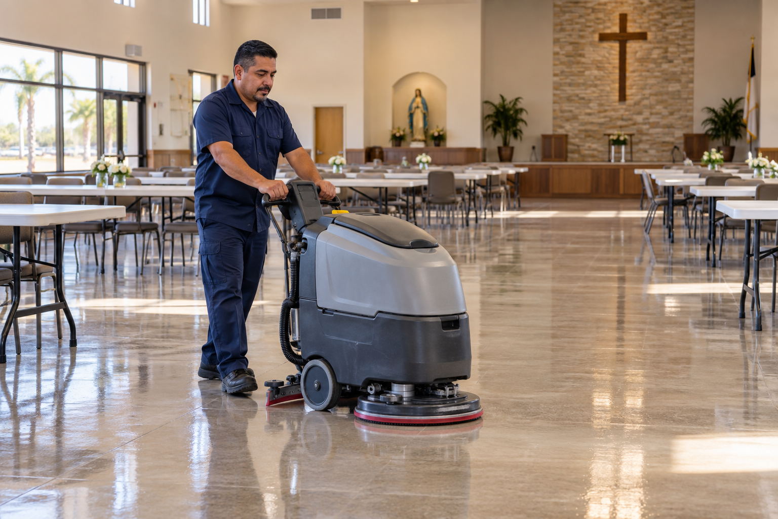 Technician operating a floor scrubber in a church fellowship hall
