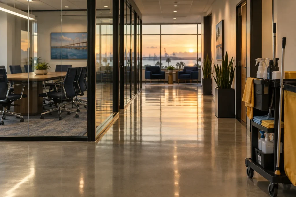 Illustration of a clean commercial office and janitorial equipment