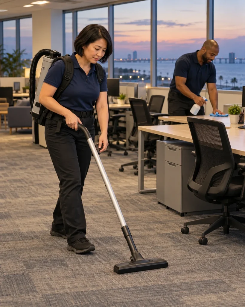 Commercial cleaning team vacuuming and cleaning office workstations