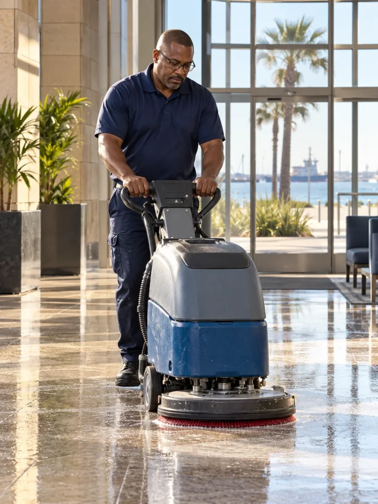 Commercial floor deep cleaning technician using a scrubber in a business lobby