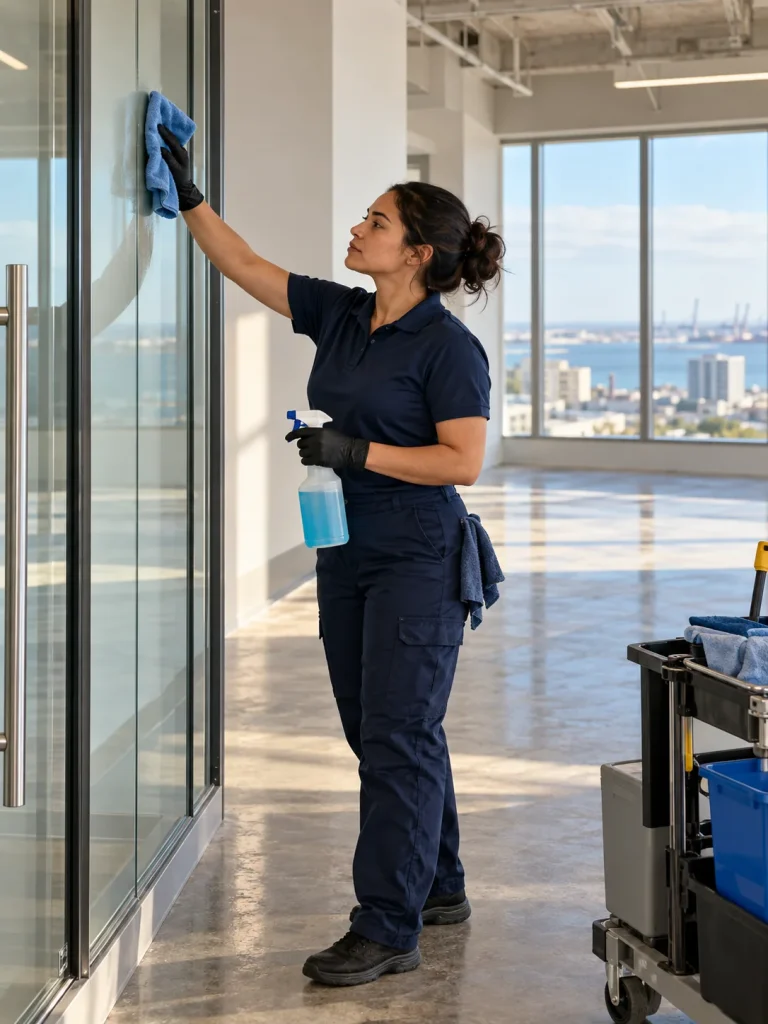 Commercial make-ready cleaner detailing glass in a completed office suite