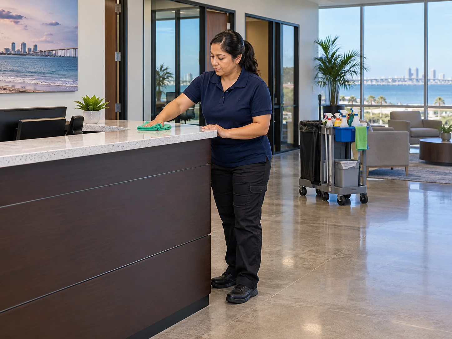 Technician wiping a commercial office reception counter