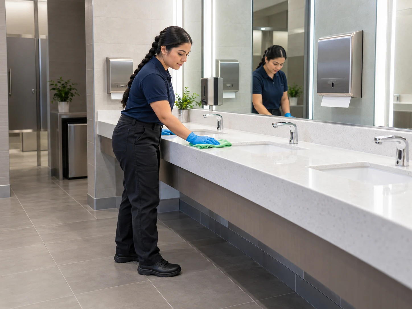 Technician cleaning sink countertops in a commercial office restroom