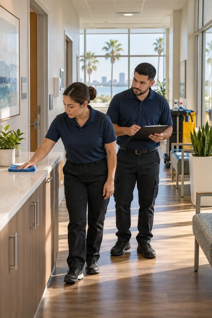 Commercial cleaning team completing a facility quality check in Corpus Christi