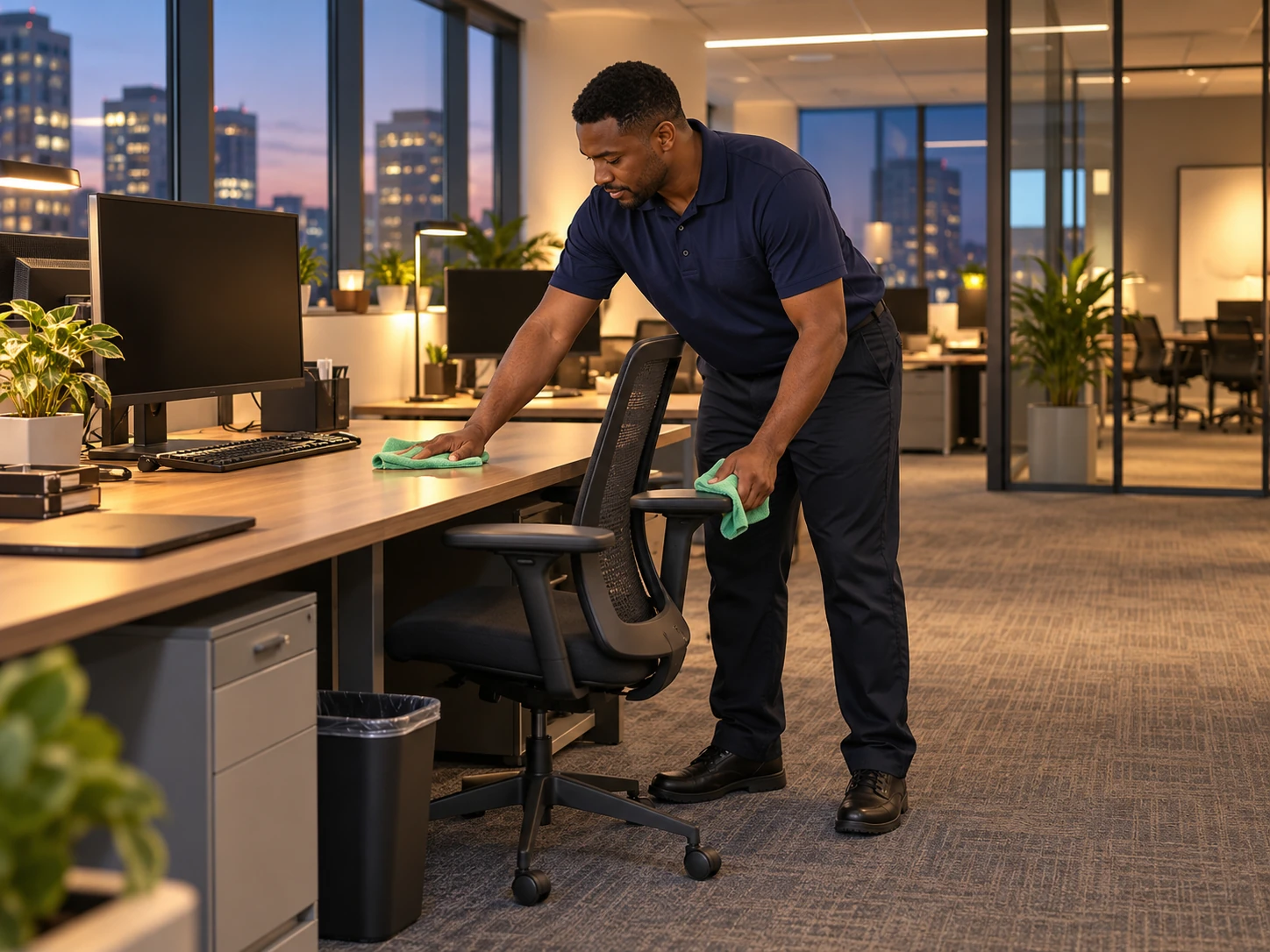 Technician cleaning an office desk and chair touchpoints