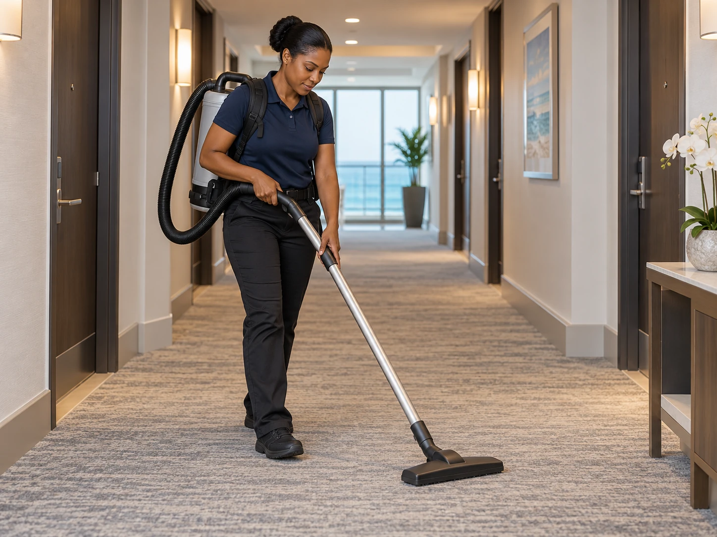 Technician vacuuming a shared high-rise residential corridor