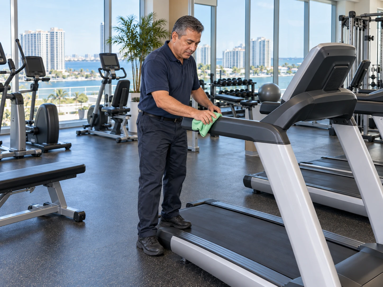 Technician wiping treadmill handrails in a shared community fitness center