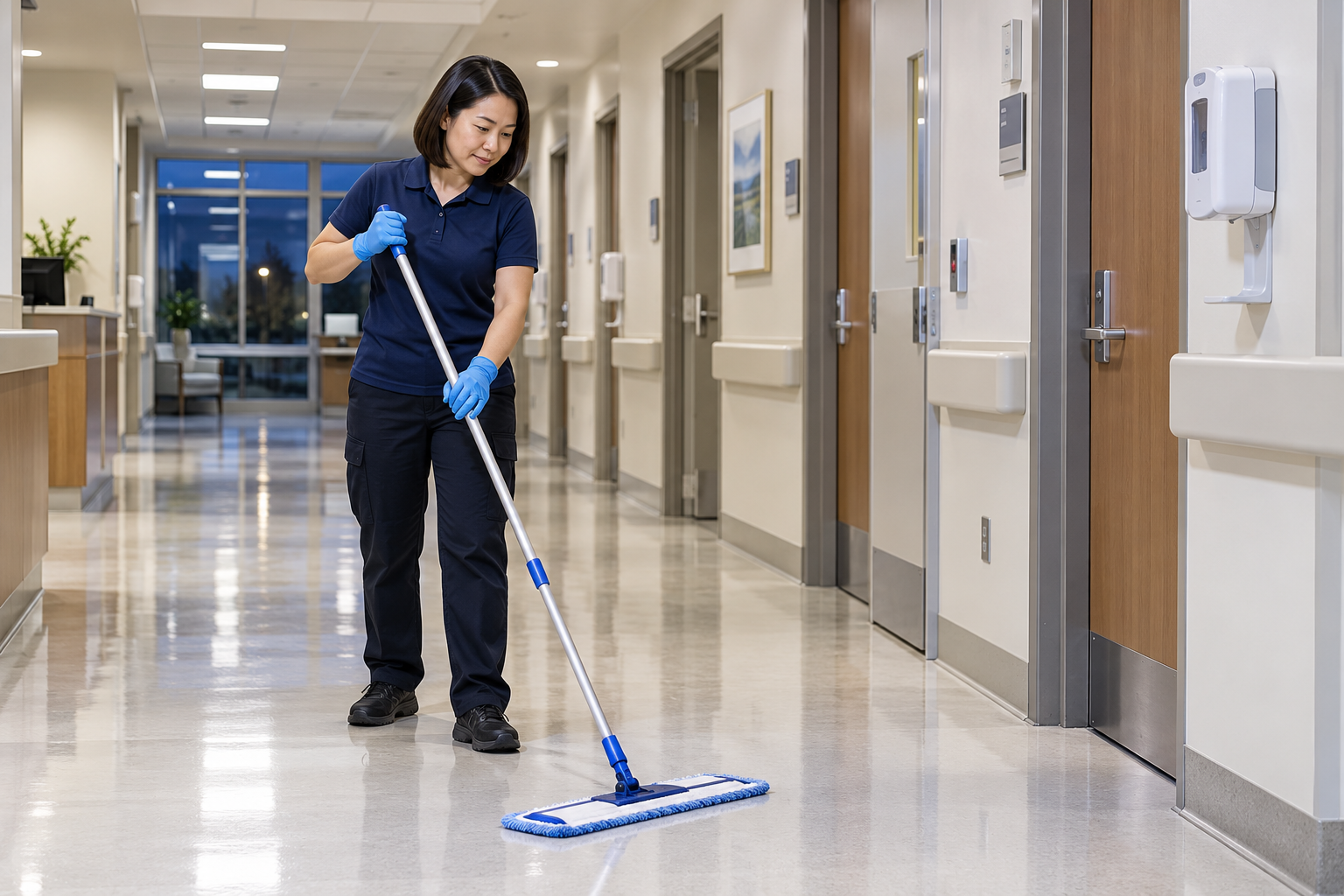 Technician mopping a healthcare facility corridor