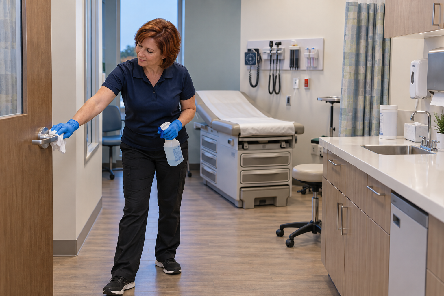 Technician cleaning a high-touch surface in an urgent-care treatment room