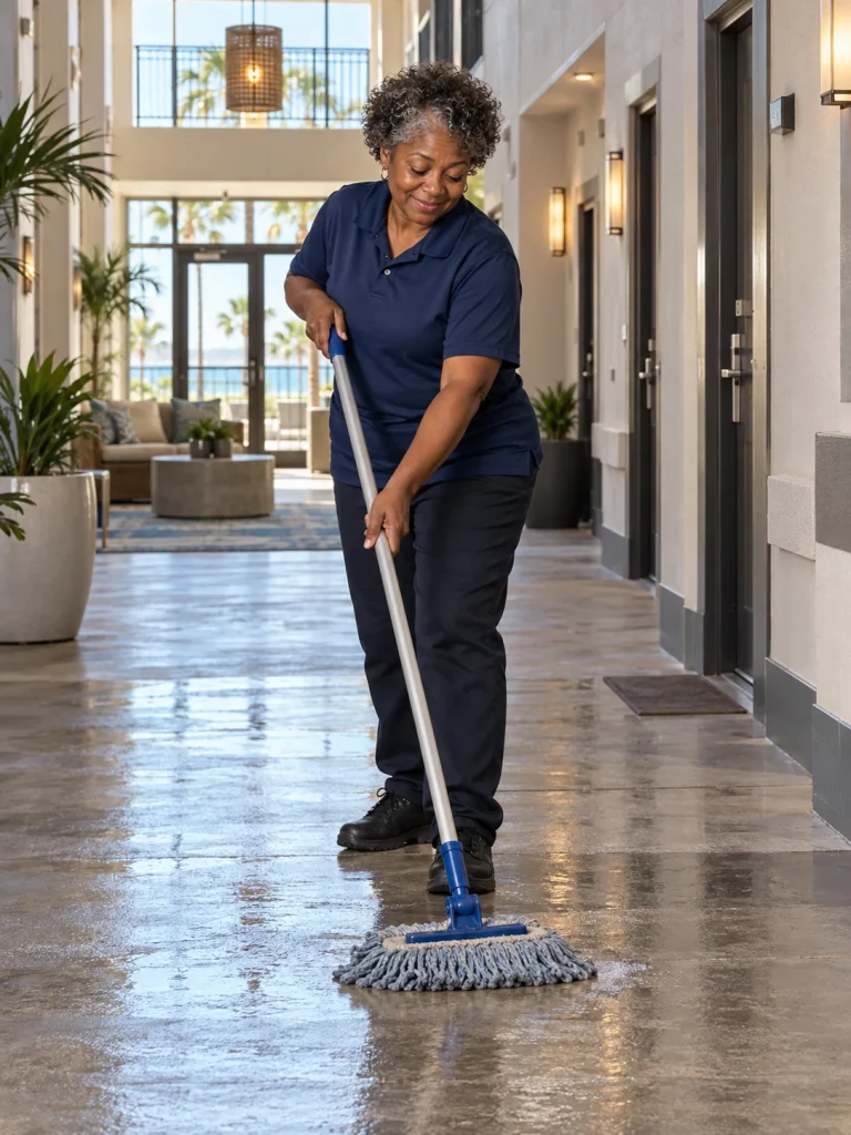 Multifamily property cleaning professional mopping a shared corridor
