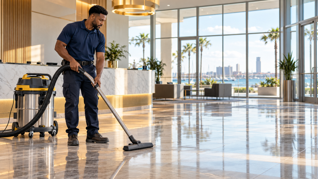 Commercial cleaning technician vacuuming a newly completed Corpus Christi business lobby