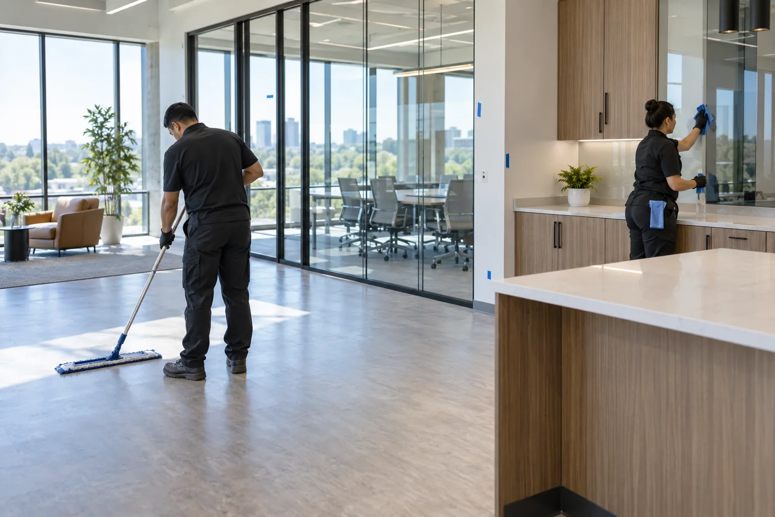 Commercial cleaning team preparing a newly completed office for turnover
