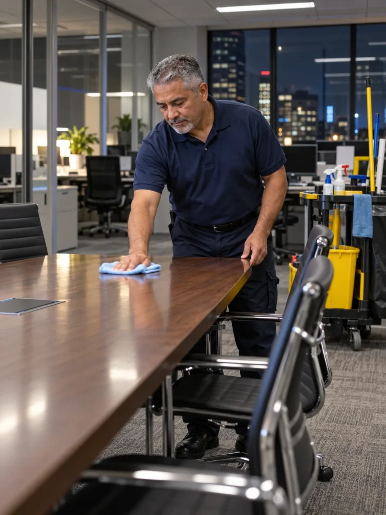 Janitorial professional cleaning a commercial conference room after hours