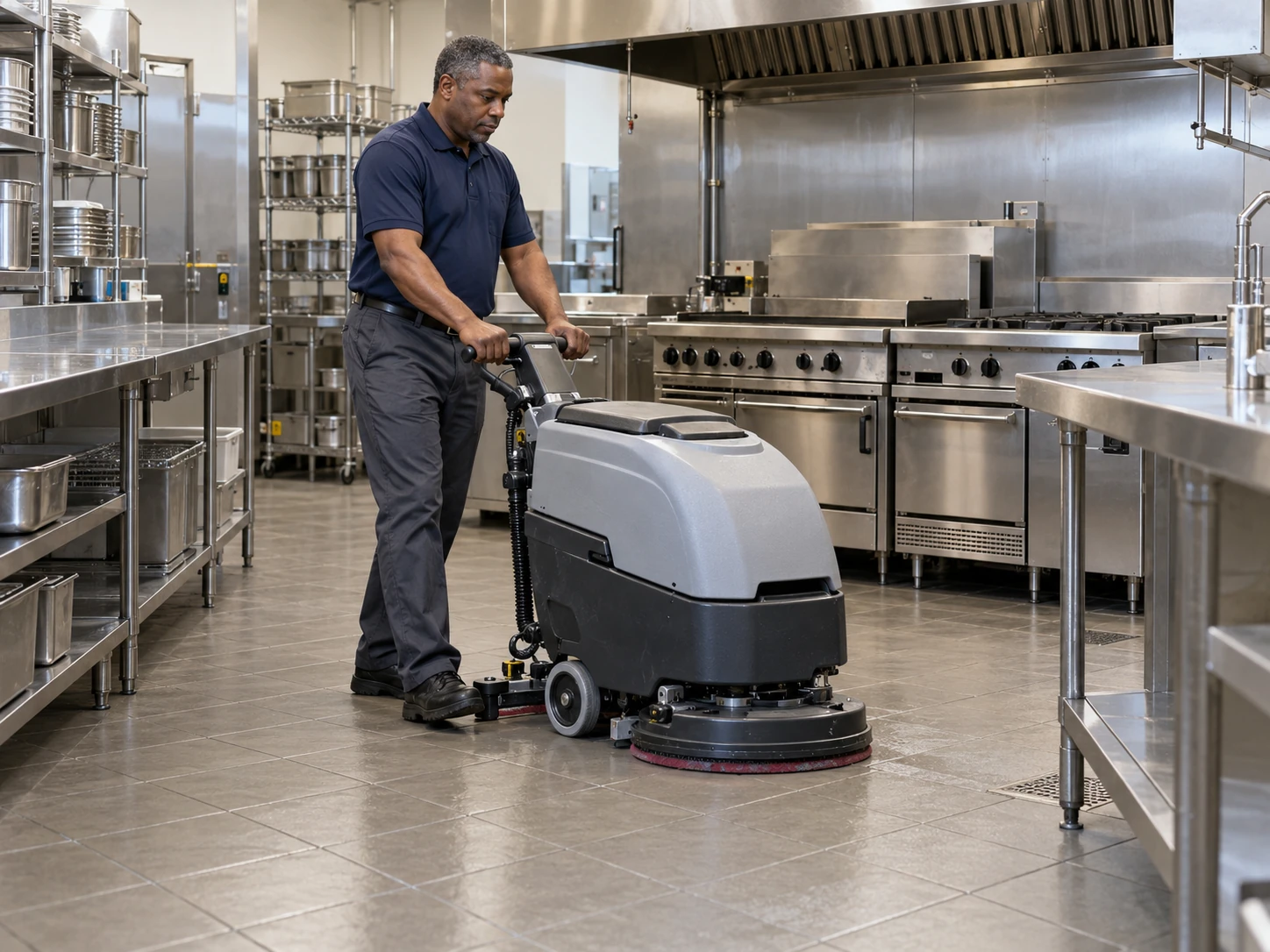 Technician operating a floor scrubber in a commercial restaurant kitchen