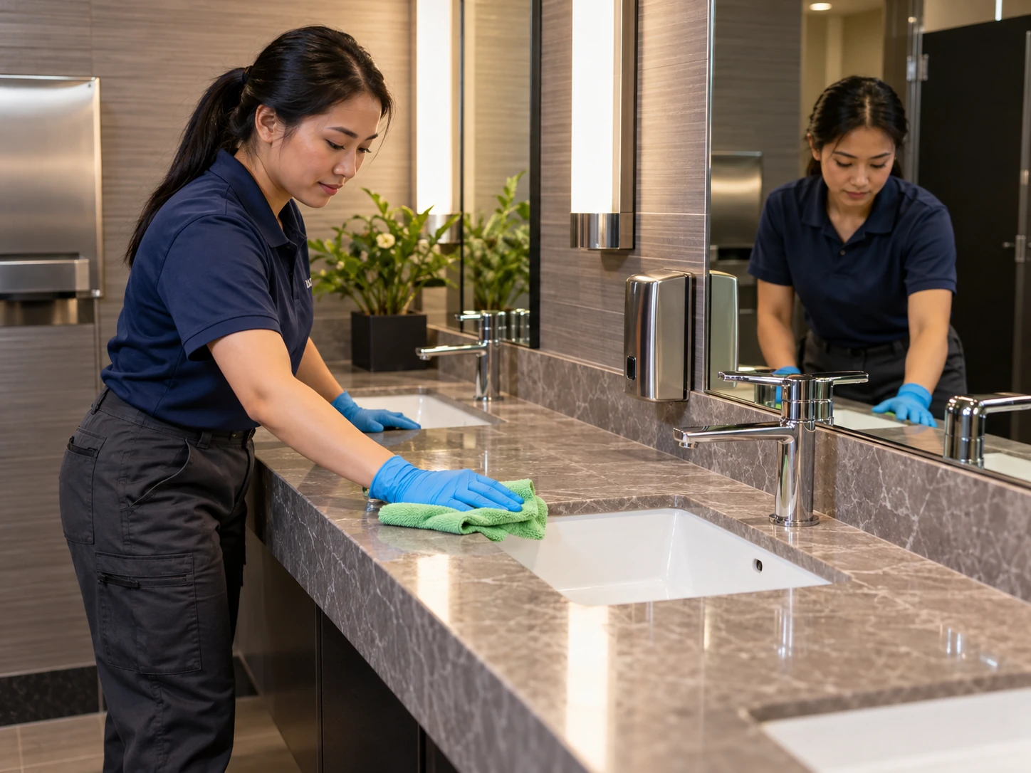 Technician cleaning a restaurant restroom sink countertop
