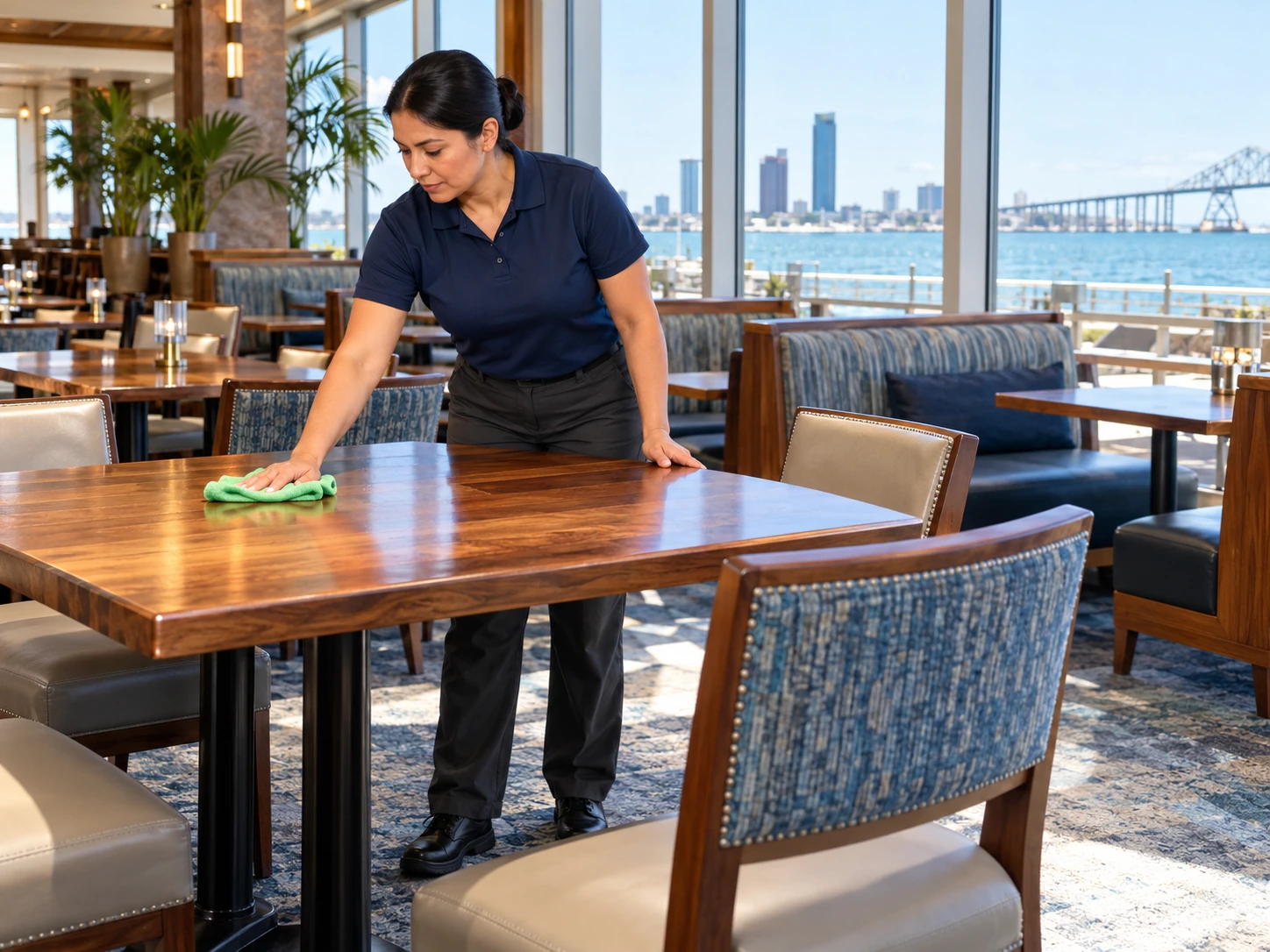 Technician wiping a restaurant dining table with a microfiber cloth