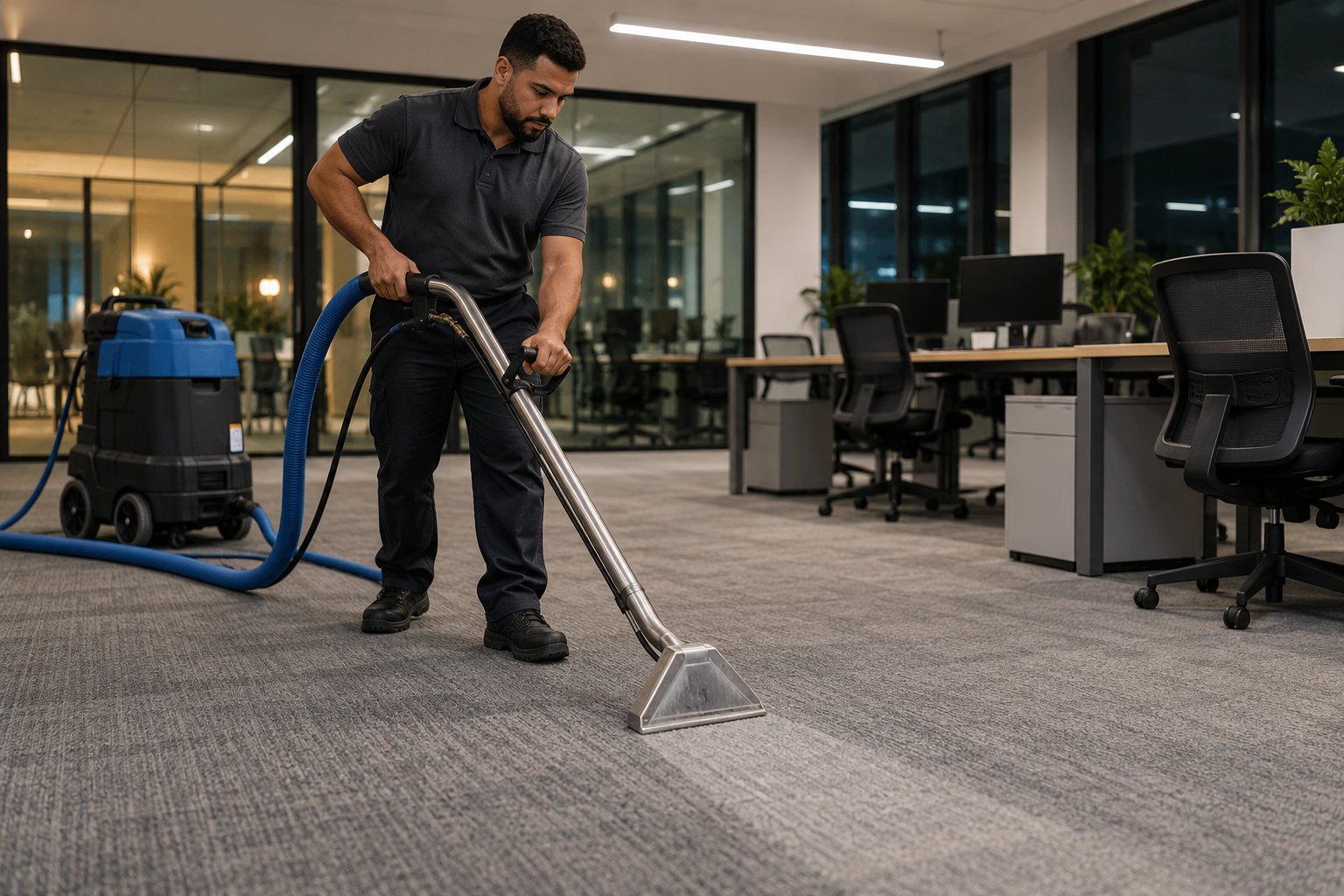 Technician extracting carpet in a commercial office