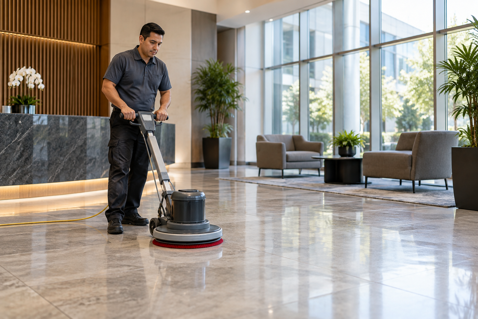 Floor-care technician buffing hard floors in a commercial lobby