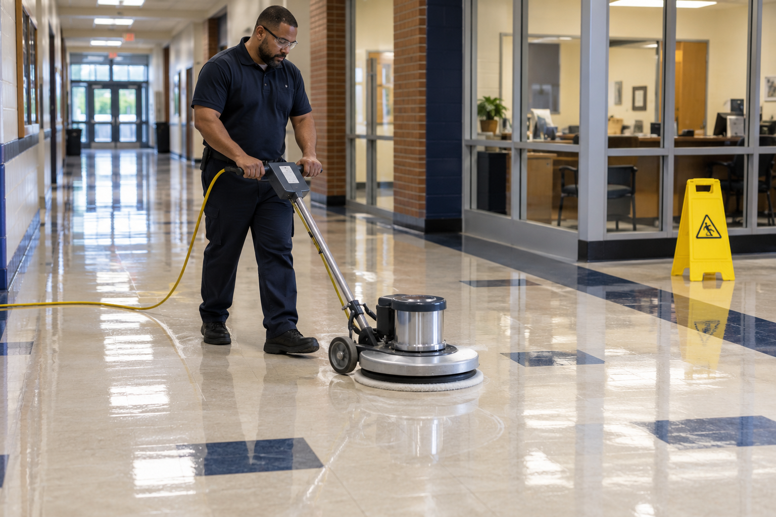 Technician buffing VCT flooring in an institutional corridor