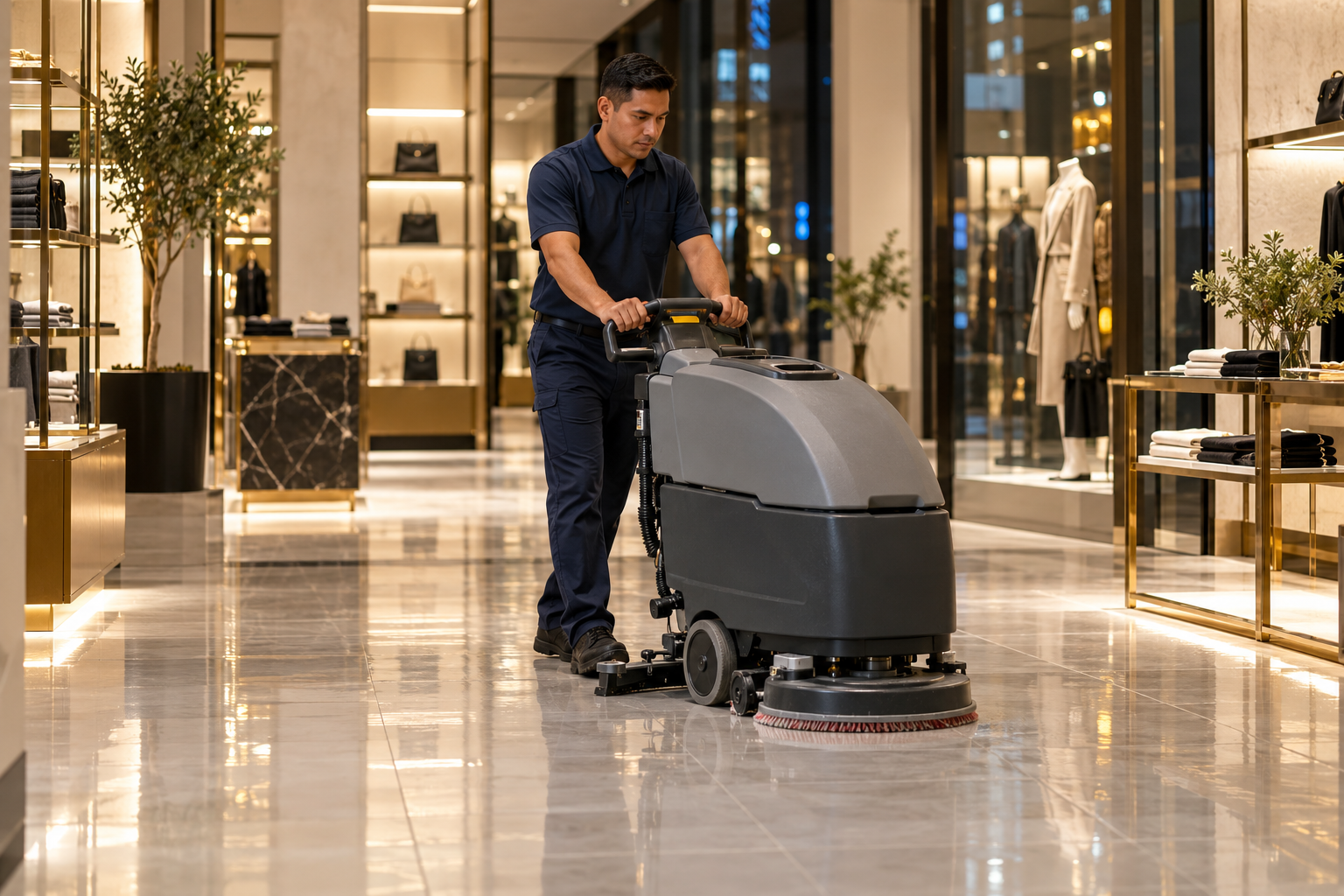 Cleaner operating a floor scrubber in a retail store