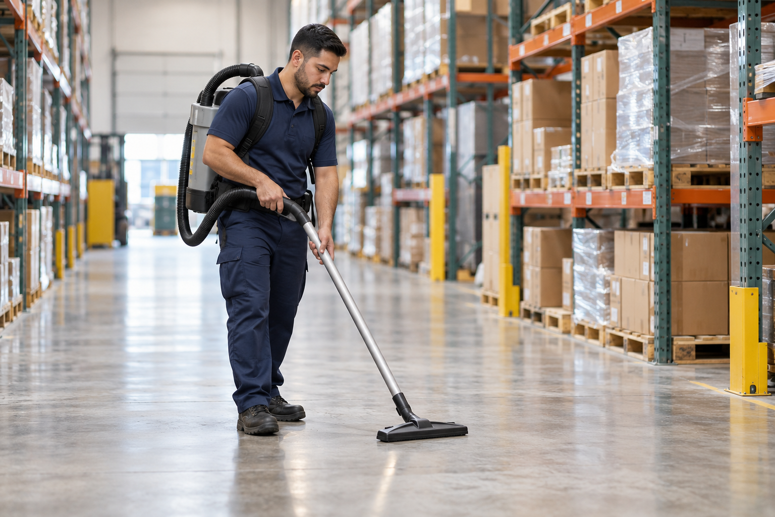 Janitorial technician vacuuming a warehouse aisle