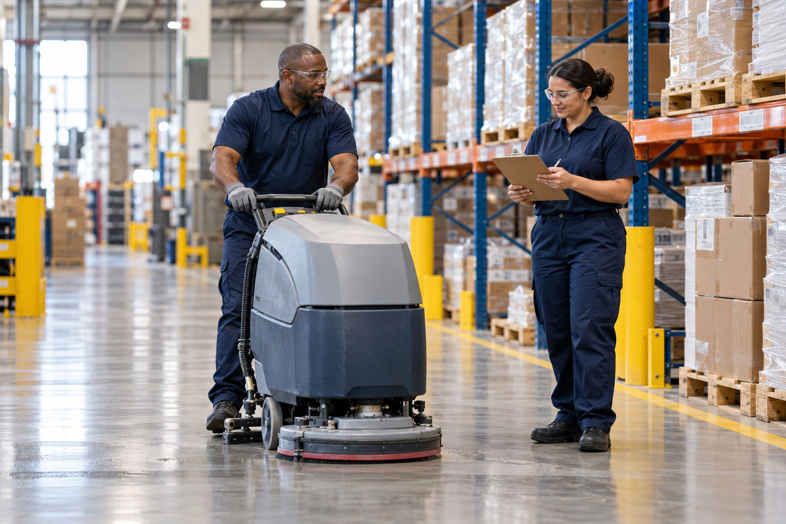 Cleaning team inspecting and scrubbing a warehouse floor
