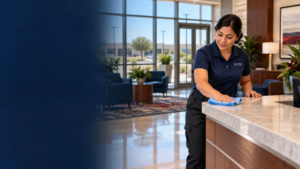 Illustration of a cleaner wiping a public counter in a modern bank lobby.