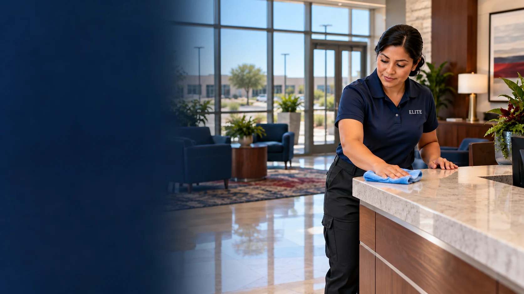 Illustration of a cleaner wiping a public counter in a modern bank lobby.