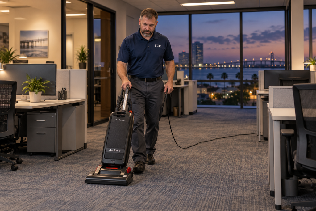 Technician vacuuming carpet in a coastal business office after hours