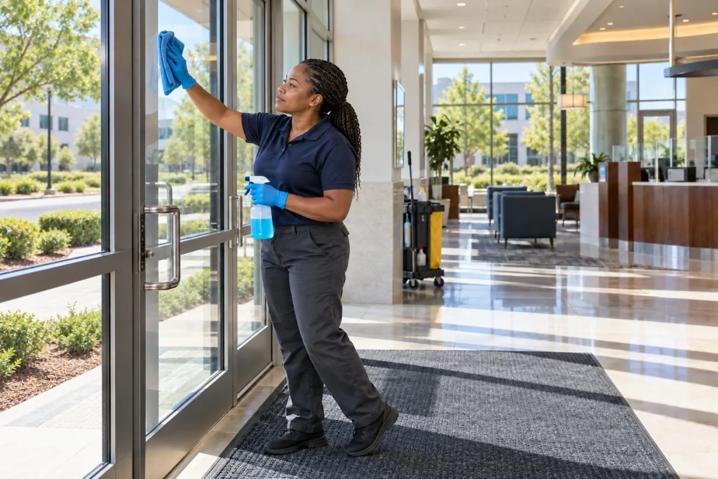 Janitorial technician cleaning interior entrance glass at a financial institution