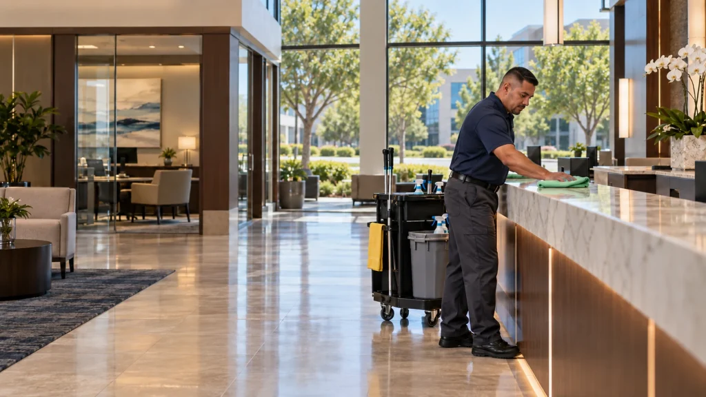 Janitorial technician cleaning a bank lobby reception counter
