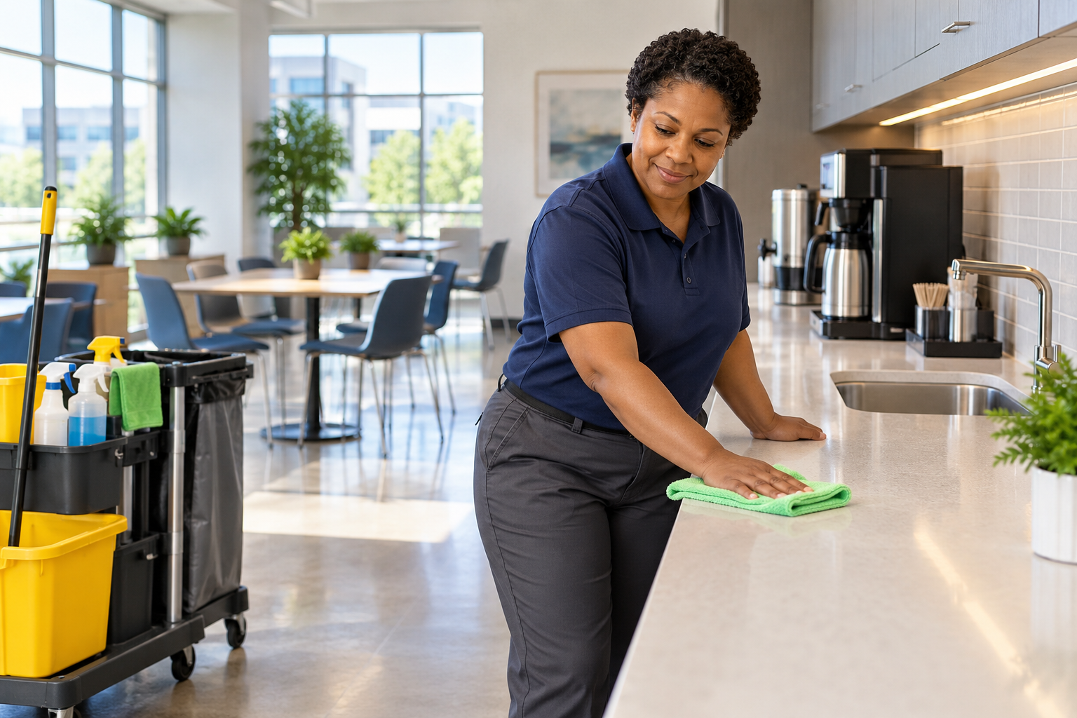 Day porter wiping a shared office breakroom counter