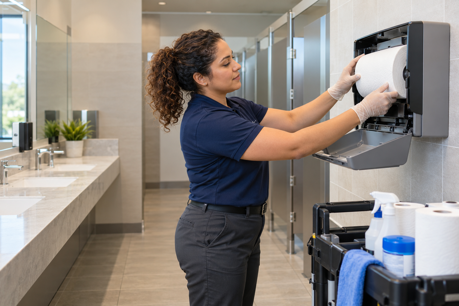 Day porter replenishing a paper towel dispenser in a commercial restroom