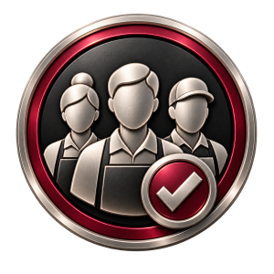 Metallic qualified and trusted cleaning team icon