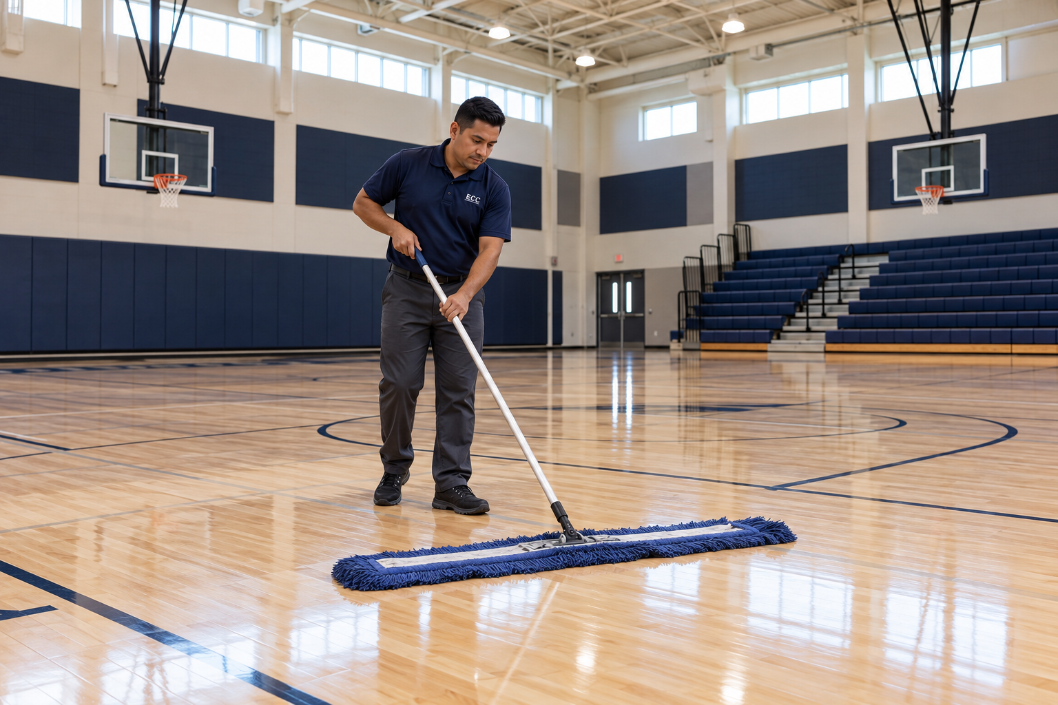 ECC technician dust mopping a wood basketball court inside a school gym