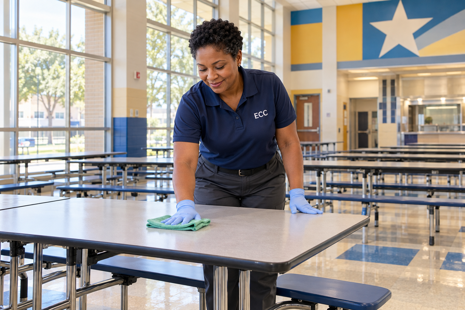 ECC technician cleaning cafeteria tables inside a school
