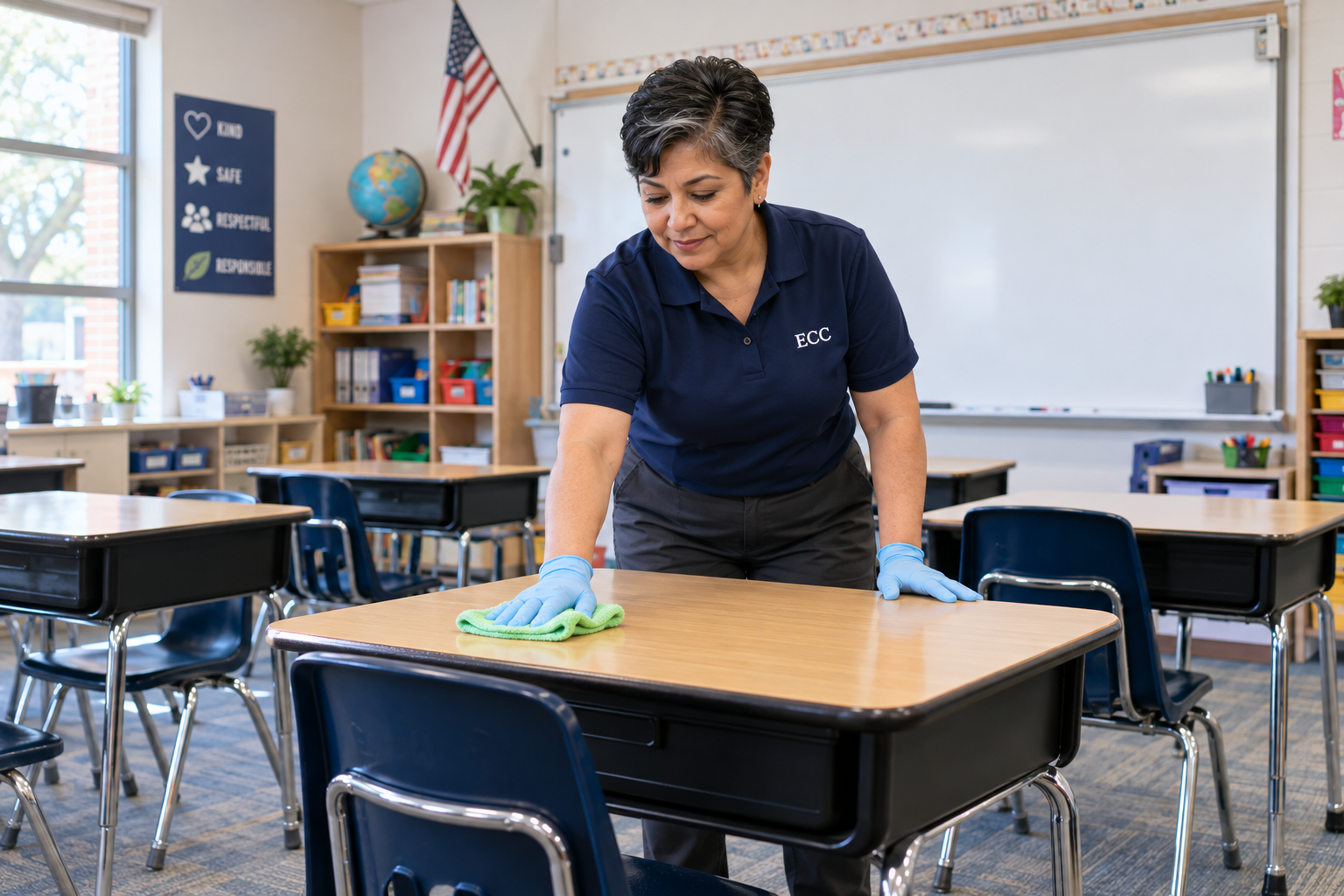 ECC technician wiping classroom desks inside a school